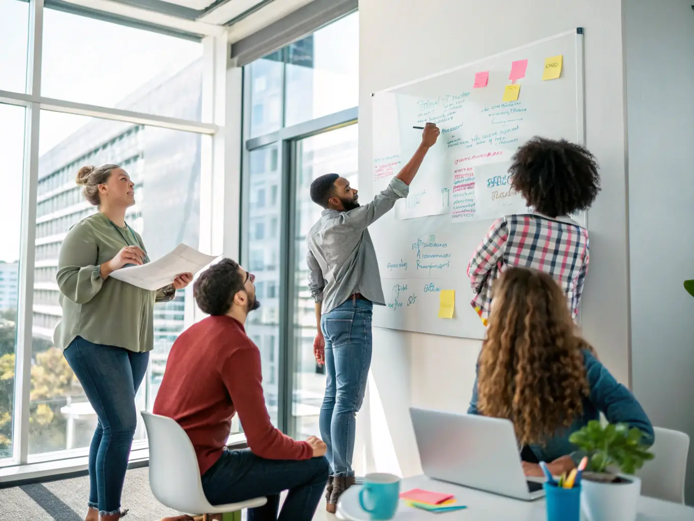 A diverse team of professionals collaborating around a digital whiteboard, brainstorming partnership strategies in a modern office setting, emphasizing teamwork and innovation.