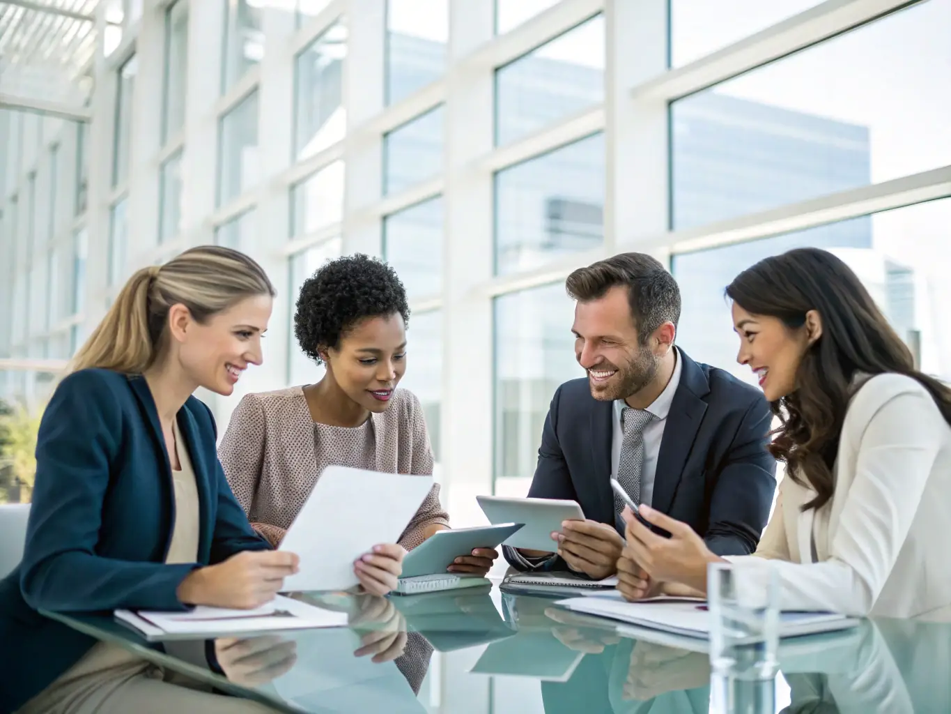 An image of diverse team members collaborating around a virtual table, using digital devices to communicate and make decisions.