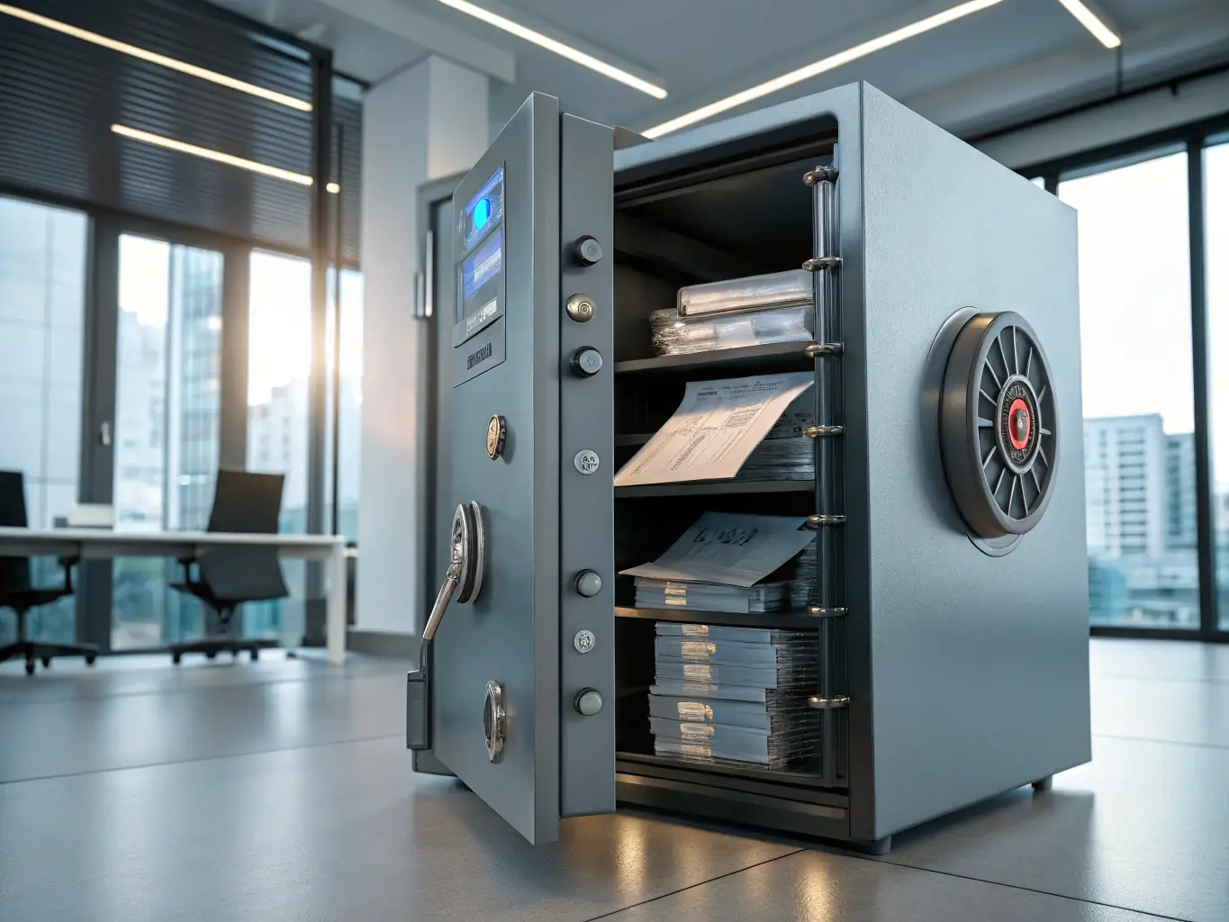 A secure digital vault filled with partnership agreements, legal documents, and important files, all organized and easily accessible, representing secure and centralized document management.