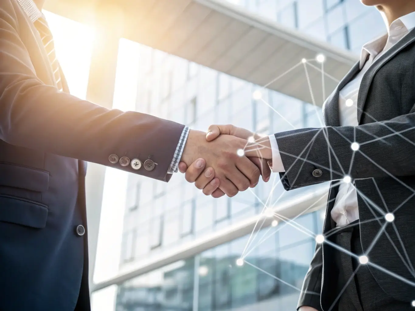 A digital illustration depicting two hands shaking, symbolizing a partnership agreement, with a backdrop of interconnected nodes representing a global network.