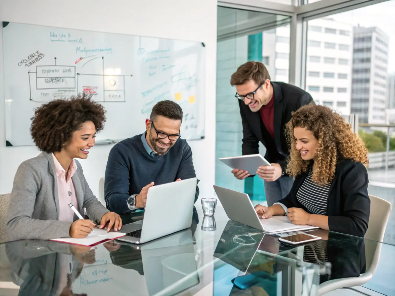 A diverse team collaborating around a digital whiteboard, brainstorming partnership strategies, with laptops and coffee cups scattered around, symbolizing efficient teamwork and shared vision.