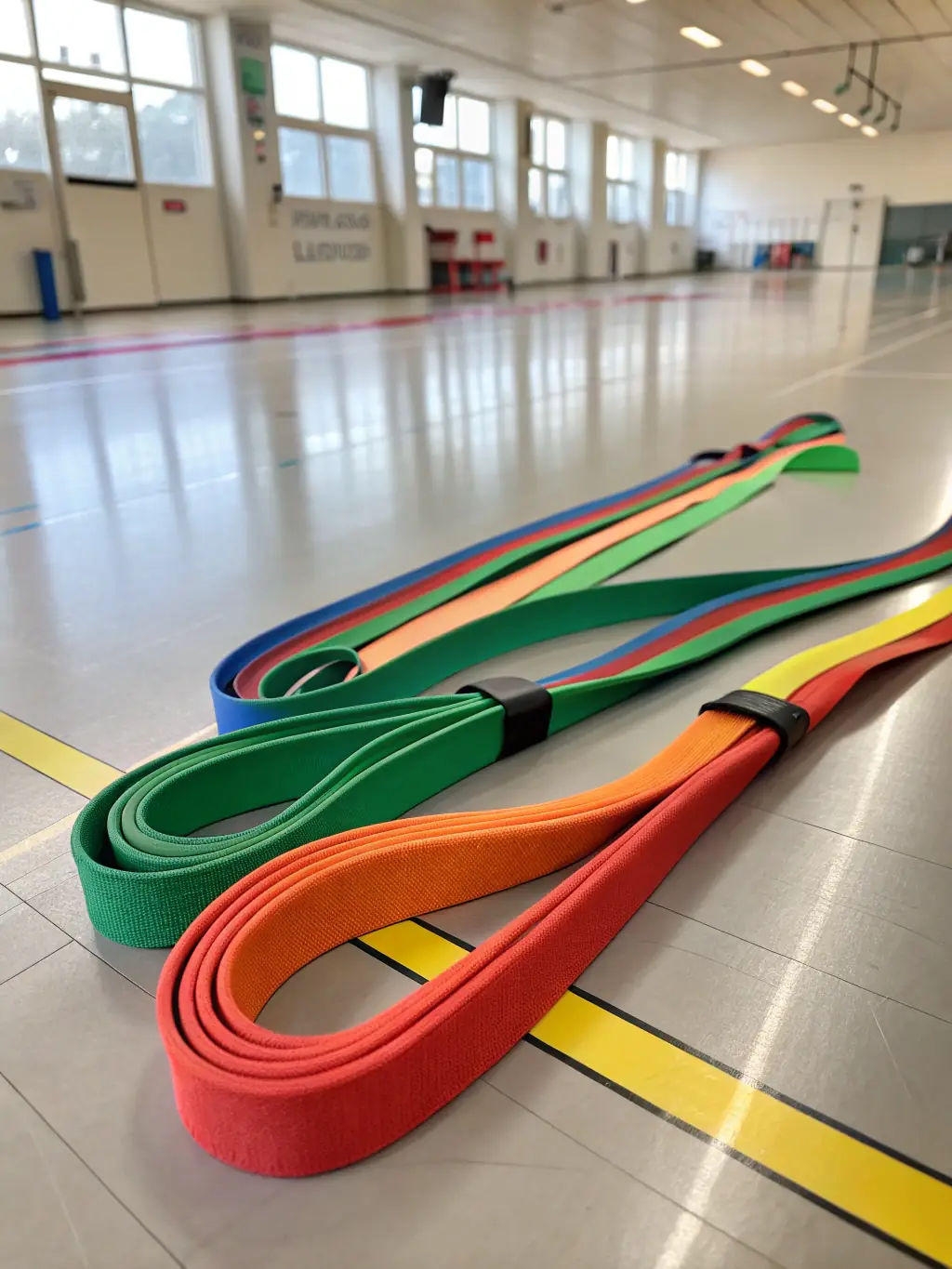 A visually appealing image of a set of resistance bands of varying strengths, neatly arranged on a yoga mat, with a bright and airy studio setting in the background.