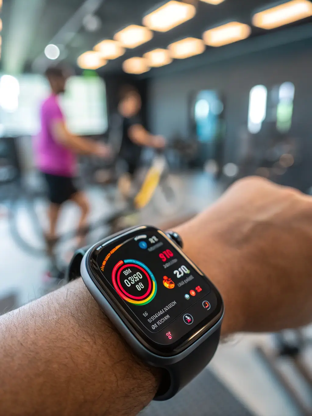 An action shot of someone using a fitness tracker during a workout, showing the display with heart rate and steps data, with a blurred gym environment in the background.