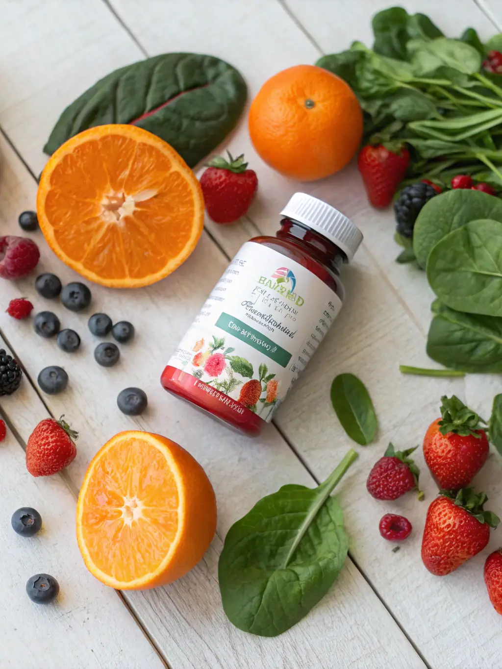A vibrant image of a variety of nutritional supplements, including protein powder, vitamins, and omega-3 capsules, arranged on a wooden table with fresh fruits and vegetables in the background.